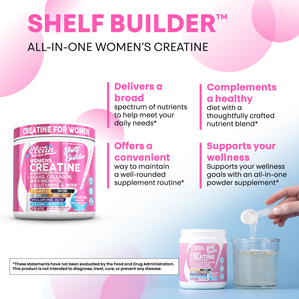 Creatine for Women | Creatine Monohydrate + BCAA Powder Myo-Inositol Collagen Biotin Hyaluronic Acid Folate L Glutamine Vitamin D3 Iron Zinc D-Chiro-Maca Digestion Shelf Builder By Clean Nutra