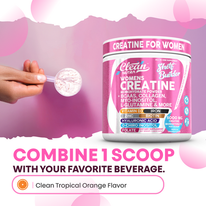 Creatine for Women | Creatine Monohydrate + BCAA Powder Myo-Inositol Collagen Biotin Hyaluronic Acid Folate L Glutamine Vitamin D3 Iron Zinc D-Chiro-Maca Digestion Shelf Builder By Clean Nutra