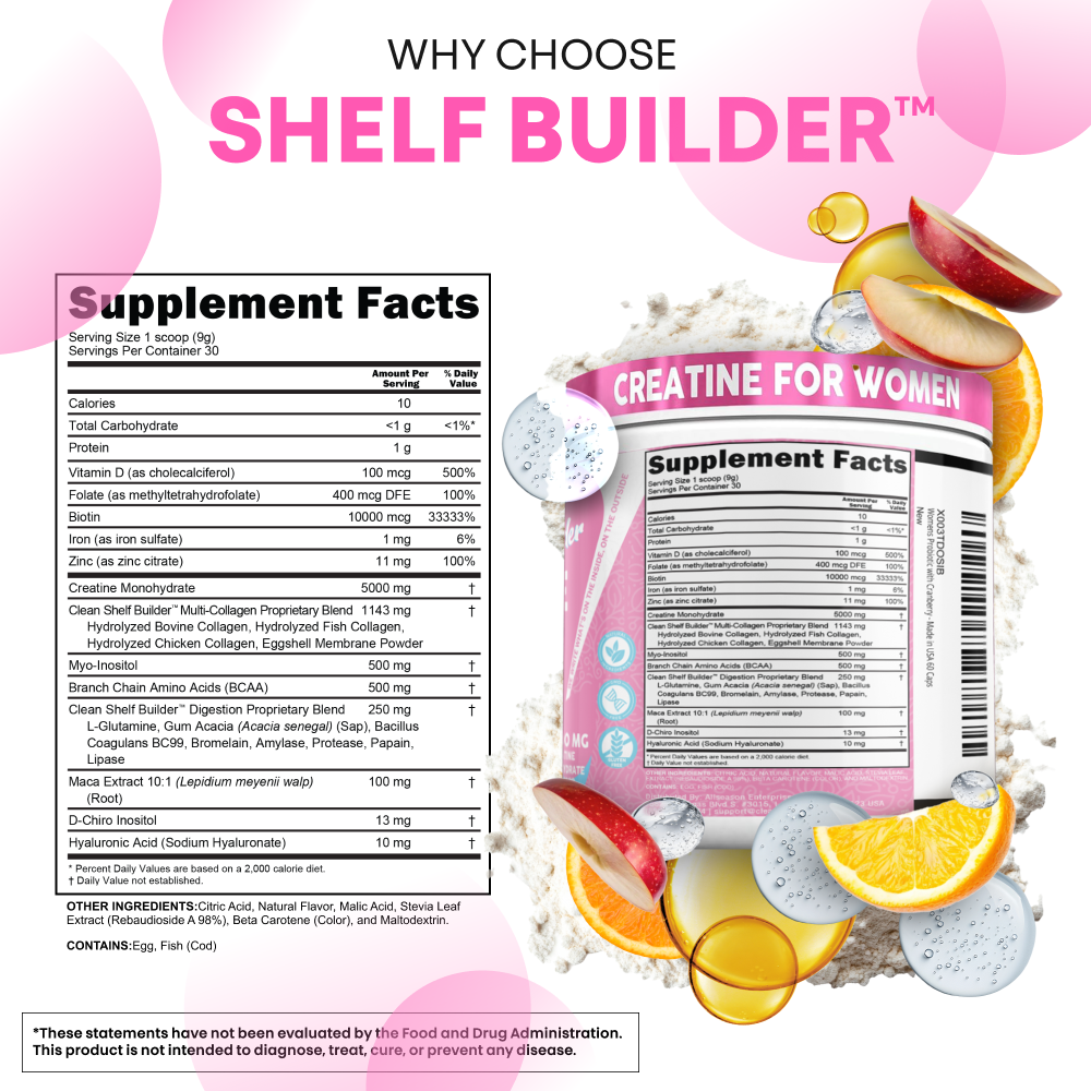 Creatine for Women | Creatine Monohydrate + BCAA Powder Myo-Inositol Collagen Biotin Hyaluronic Acid Folate L Glutamine Vitamin D3 Iron Zinc D-Chiro-Maca Digestion Shelf Builder By Clean Nutra