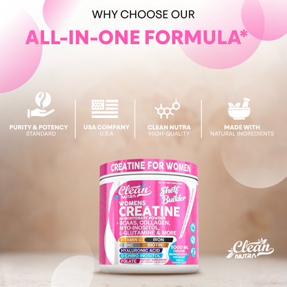 Creatine for Women | Creatine Monohydrate + BCAA Powder Myo-Inositol Collagen Biotin Hyaluronic Acid Folate L Glutamine Vitamin D3 Iron Zinc D-Chiro-Maca Digestion Shelf Builder By Clean Nutra