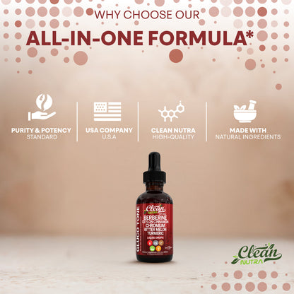 Clean Nutra Berberine with Ceylon Cinnamon Supplement Liquid Drops + Bitter Melon Extract, Glucomannan, Gymnema, Chromium, Turmeric, Organic Panax Ginseng, Moringa GLP-1 Support