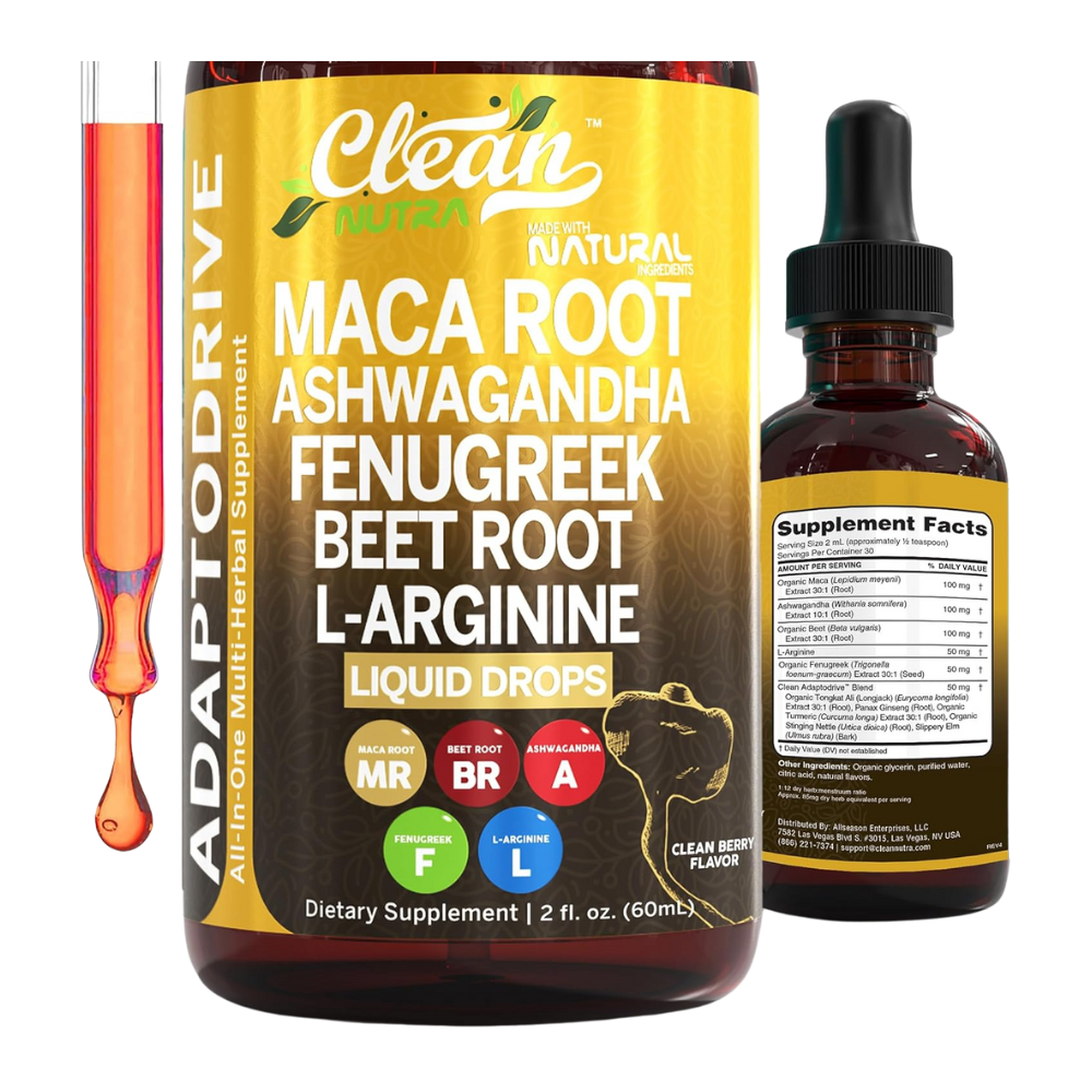 Clean Nutra Organic Maca Root Liquid Drops with Ashwagandha, Fenugreek, Beet Root and L-Arginine Liquid Multivitamin for Women and Men - Adapto Drive