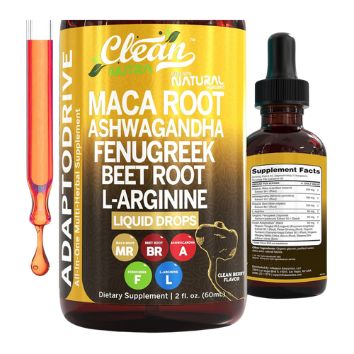 Clean Nutra Organic Maca Root Liquid Drops with Ashwagandha, Fenugreek, Beet Root and L-Arginine Liquid Multivitamin for Women and Men - Adapto Drive